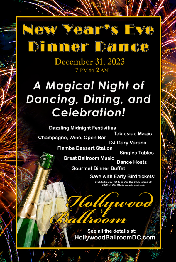 Join the festivities at Hollywood Ballroom on New Year's Eve, Dec 31, 2023
